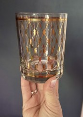 Set 3 Georges Briard Double Old Fashioned Glass Gold Lattice Diamond Pattern MCM