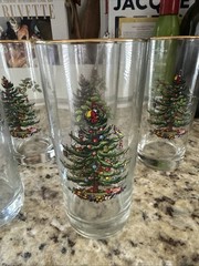 Spode Highball Tumbler Glass Christmas Tree Pattern Set of 8 6.25″ 22K Gold Trim