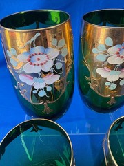 5 Bohemian 24K Gold Emerald Green 5″ Tumblers Hand Painted Raised Enamel Flowers