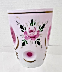 Antique Milk Glass Cut to Cranberry w Hand Enameled Pink Roses 3 3/7″ Cup Glass