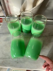 Vintage Blendo Green Frosted Tumblers: Gold Rim Barware, Set of 5