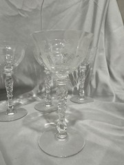 Set of 4 Tiffin-Franciscan Persian Pheasant Etched Cordial Glasses, Optic stem