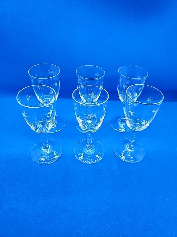6 Vintage Clear Glass Goblets with Etched Starburst Pattern 3 1/2 Inches Tall
