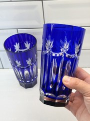 AJKA CAROLYNE HIGHBALL GLASS COBALT BLUE CUT TO CLEAR CRYSTAL HUNGARY BOHEMIAN