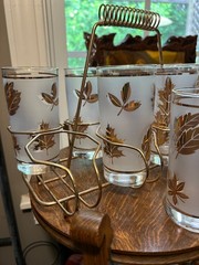 Vtg Mid Century Libbey Glasses Gold Oak Leaf Frosted Set of 8 with Metal Caddy