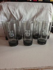 Set of Eight Vintage smoked glass tumblers with a monogram B on them