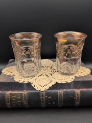 PAIR 1911 Antique Indiana Glass Paneled Strawberry Tumblers Gold Trim 8 oz Key