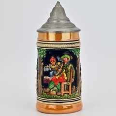 Original Vintage Signed German Ceramic Hand Painted Glazed Pewter Lid Beer Stein
