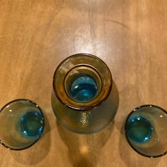 KAMAY KAMEI GLASS Japanese Poetry Cold Sake Pot Cup Pair Set Cobalt Amber