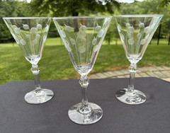 MCM Libbey Clear Grey Cut Water Goblet 3010-1 Dots Stems Vertical Lines EUC