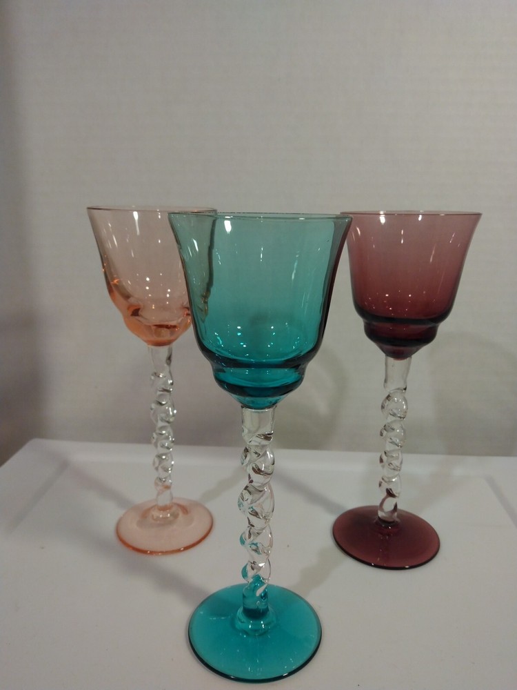 Cordial Drinking Glasses Set Of 3 Long stem Hand Blown Twisted Stem Multicolored