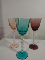 Cordial Drinking Glasses Set Of 3 Long stem Hand Blown Twisted Stem Multicolored