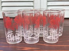 Six (6) Vtg Red Morning Glory Floral Flowers Drinking Glasses Cottage Core MCM