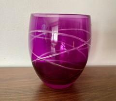 Set Of 4 Etched Glass Magenta Lowball Tumbler Tall Drinking Glasses