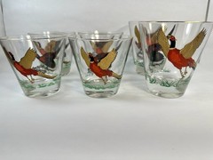Vintage Hazel Atlas Pheasant Bar Drink Glasses Gold Rim 6 Set 2-10oz, 4-8oz