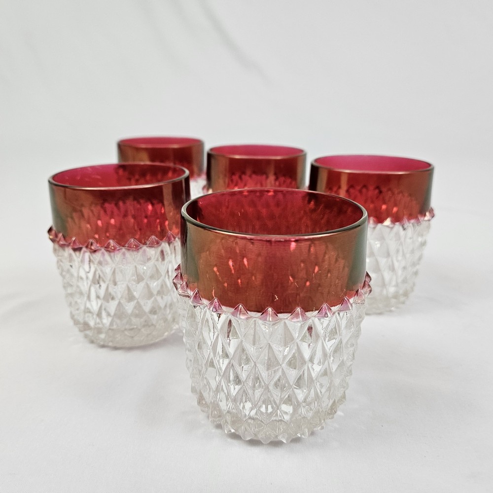 Indiana Ruby Flashed Diamond Point On The Rocks Old Fashion Glasses Vintage Bar