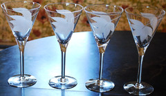 Vintage Set 4 FROSTED SWIRL CUT LEAF Crystal Water Goblets 8 1/8″ Midcentury Mod