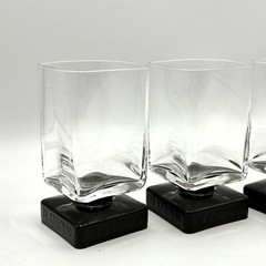 4 Vintage DISARONNO Branded 2” Black Square Foot Amaretto Liqueur Glasses 70s