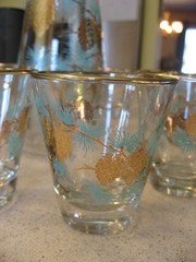 Libbey David Douglas Turquoise & Gold Pinecone Carafe & 10 Lowball Glasses 6oz