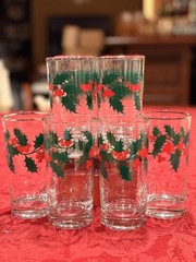 VTG Indiana Glass Christmas Holly Berries Highball Glasses Tumblers Set of 8 MCM