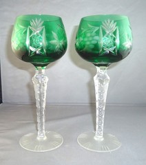 Set of 2 Lausitzer Green Bohemian Cut to Clear Wine Hocks