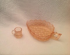 Pink Depression / Elegant Glass Lot Nappy + Handled Shot Glass Two (2) Pieces