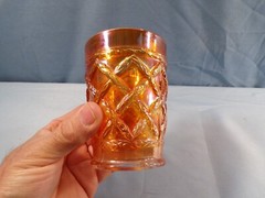 Vintage Dugan Diamond Marigold Carnival Glass Grapevine Lattice Tumbler INV4