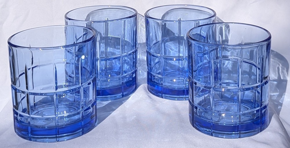 4pc Anchor Hocking Glasses 10.5oz Short Tumblers Manchester Coastal Blue Tartan