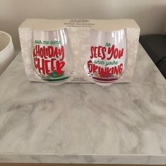 MERRY MAKERS Stemless Wine Glasses SET OF 2 – 16 Ounces – BRAND NEW
