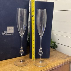 2 Retired Mikasa Platinum Orion 13 3/8″ Tall Champagne Flute Crystal Glass Pair