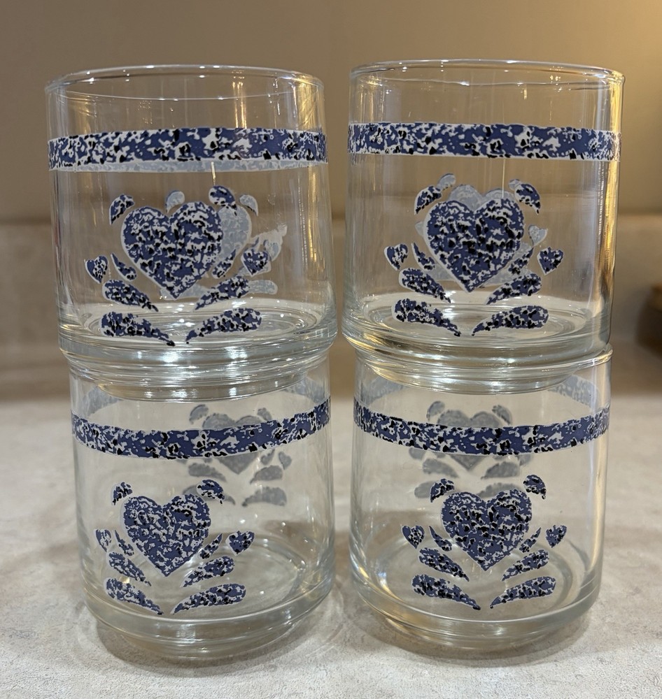 Set Vintage Blue Heart Spongeware 3” Juice Drinking Glasses Country Cottagecore