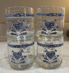 Set Vintage Blue Heart Spongeware 3” Juice Drinking Glasses Country Cottagecore