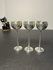European Vintage 1950s Silverplate Gilt Cordial Goblets Set Of 3, 1.75×4.75”