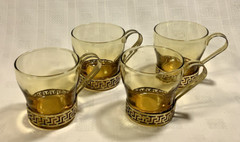 Vintage Libbey Gold Greek Key Glass Continental Coffee Cups w/ Amber Glass