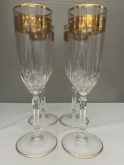 Beautiful VTG Set of 4 Cut Crystal Champagne Flutes w/Gold Overlay Trim 8″ H