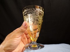 Set of 4 Fostoria Topaz Yellow Glass June Ice Iced Tea Goblets Footed Tumblers