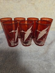 Vintage Anchor Hocking Ruby Red Royal Wild Geese And Cattails Tumbler Set Of 7