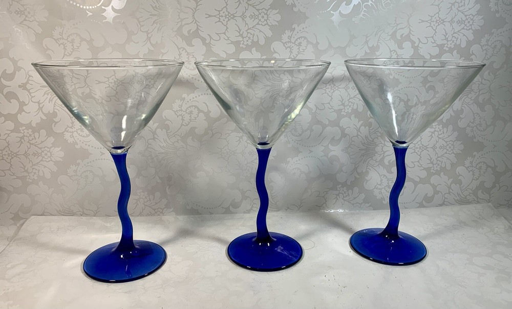 Set of 3 Libbey Courbe Martini Glasses Blue Zig Zag Stem Clear Bowl