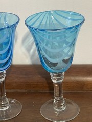 Hand Blown Glass Wine Water Goblets Blue Teal White Swirl Pattern Set of 2