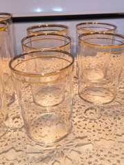 Vintage Set of 10 Federal Glass Company Tumblers and Rock Glasses, Gold Tr 1950s