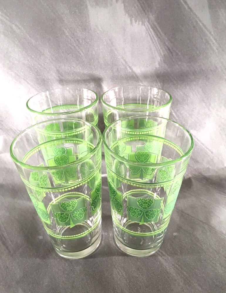 Vintage Libbey Shamrock Clover Glass Tumblers Set of 4 St. Patrick’s Day Barware