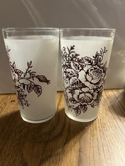 Pair Of 2 Vintage Frosted Drinking Glasses Swanky Swig Tumblers with Brown ROSES