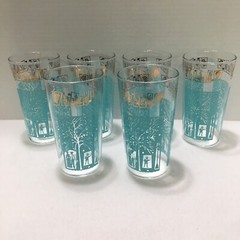 6 Vintage 10oz Tumbler Glasses Barware Turquoise Scene & Gold Leaves MCM