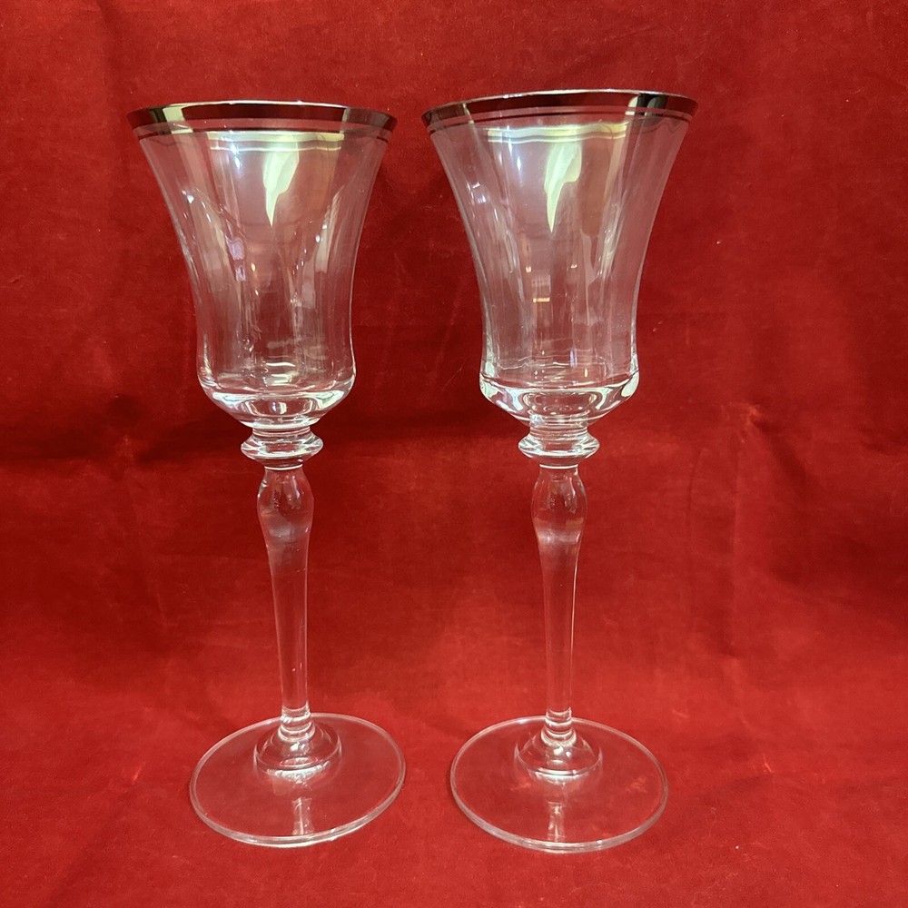 Set Of 2 Mikasa Jamestown Crystal Clear Platinum Trim Tall Champagne FLUTES