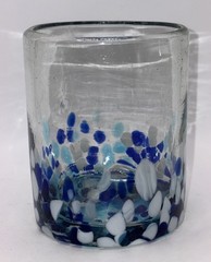 Hand Blown Bahia Blue/White/Turquoise Confetti 12 Oz Double Old Fashioned Glass