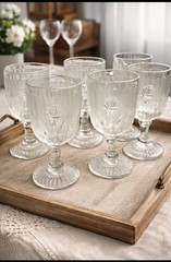 6 Vintage Jeanette Glass Iris & Herringbone Clear Glass Stemmed Cordials