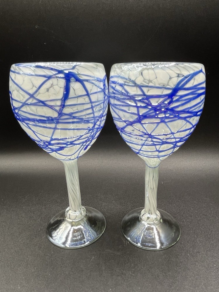2 Hand Blown Wine Water Glasses Goblet White Blue Cobalt Swirl Clear Base