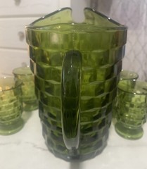 Vintage Indiana Whitehall Avocado Green Cubist Set Pitcher and 5 Glasses