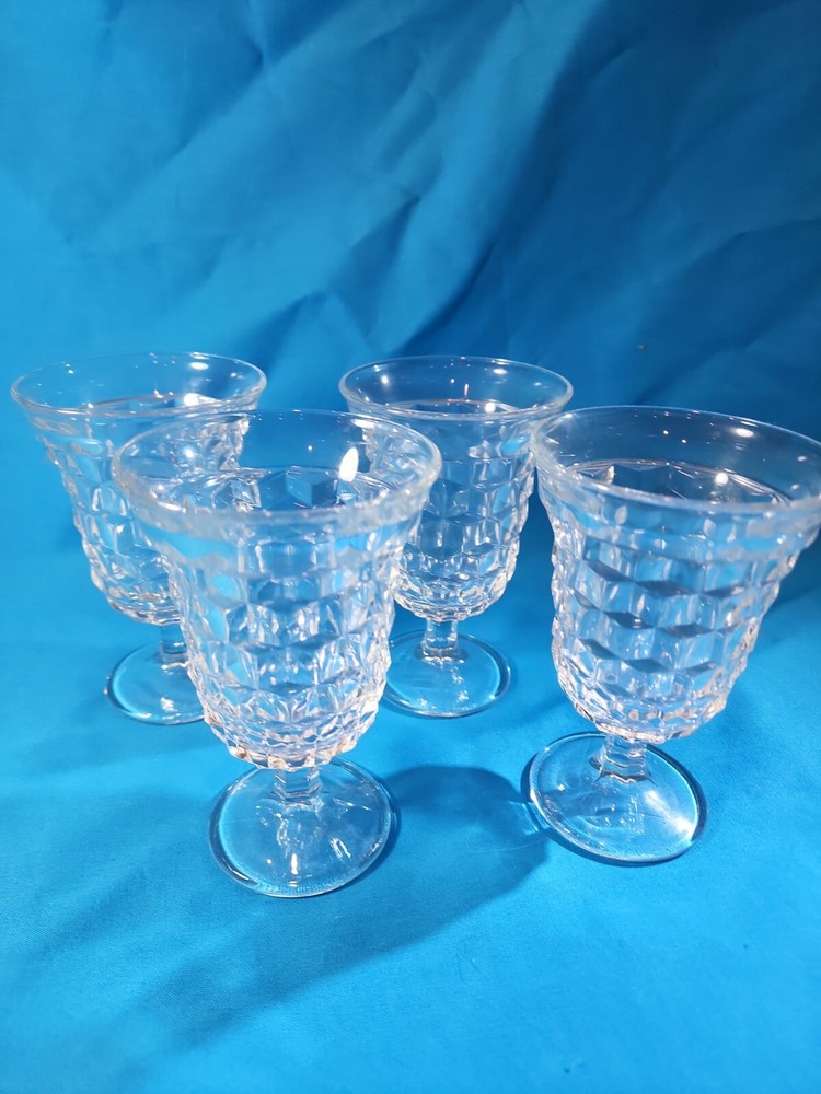 Set of 4 Fostoria Glass AMERICAN Water Footed Glasses Optic Cube