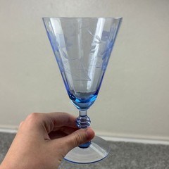 Vintage Elegant Blue Glass Water Goblet Paneled Etched Floral Stemware Set of 2